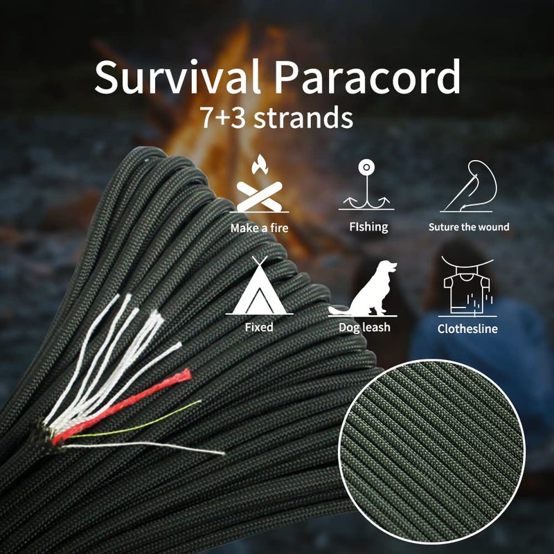 PSKOOK Survival Paracord Rope PSKOOK 100 Feet Fire Starter Parachute Cord 7-Strand Nylon with Red Tinder Cord PE Fishing Line Cotton Thread for Outdoor Lanyards, Bracelets, Handle Wraps (Black) - Image 5
